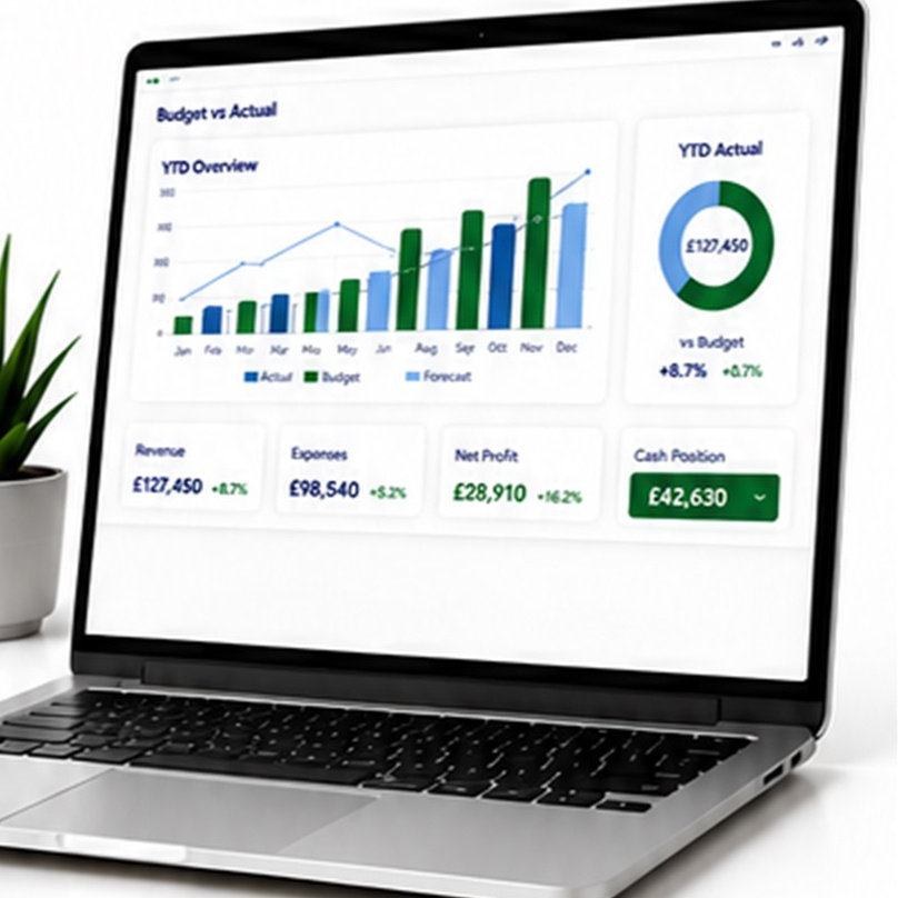Contact page hero Laptop displaying a Budget vs Actual dashboard