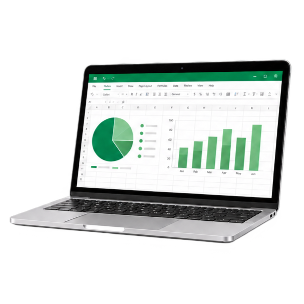 Courses hero laptop artwork Laptop displaying an Excel dashboard with green charts