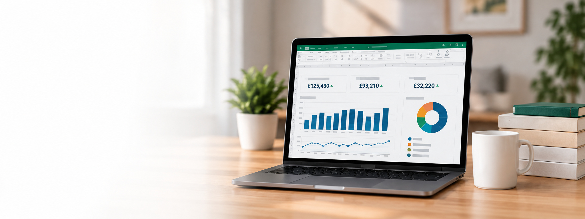Bespoke spreadsheet hero photograph Laptop showing a finance dashboard on a desk with a mug and books
