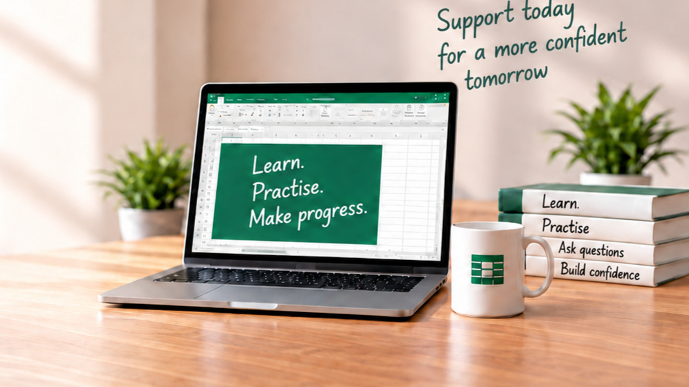 One-to-one Excel Help hero photograph Laptop with Excel practice workbook, mug and books